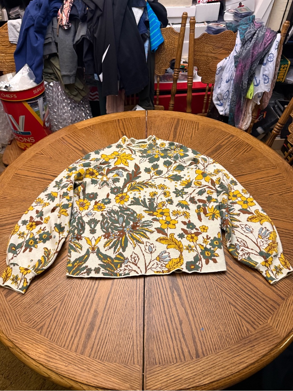 Anthropologie Cream Floral Knit Sweater with Yellow & Green Accents